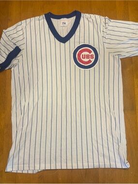Chicago Cubs Majestic White Tee with Blue Pinstripes and Blue Trim